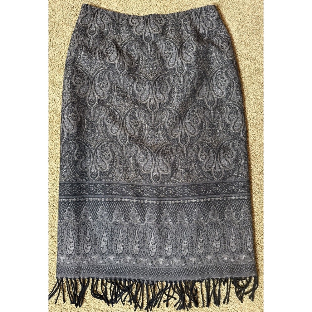 Talbots Women’s Petites 14 Wool Skirt Gray Black Paisley Fringe Boho Career EUC